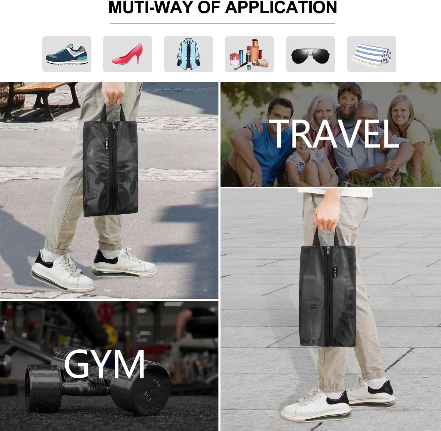 Detalle de Prezon Sac à Chaussures de Voyage en Maille TPU imperméable – fermeture YKK et grande capacité