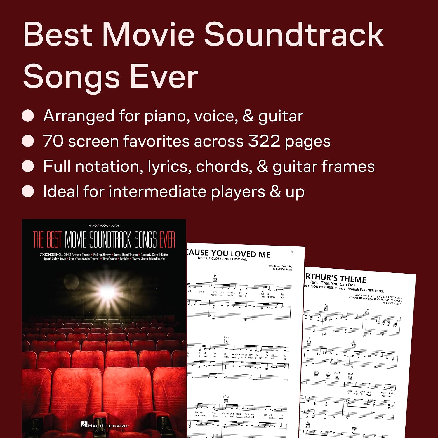Detalle de Hal Leonard The Best Movie Soundtrack Songs Ever Piano/Vocal/Guitar Songbook, 70 Themes