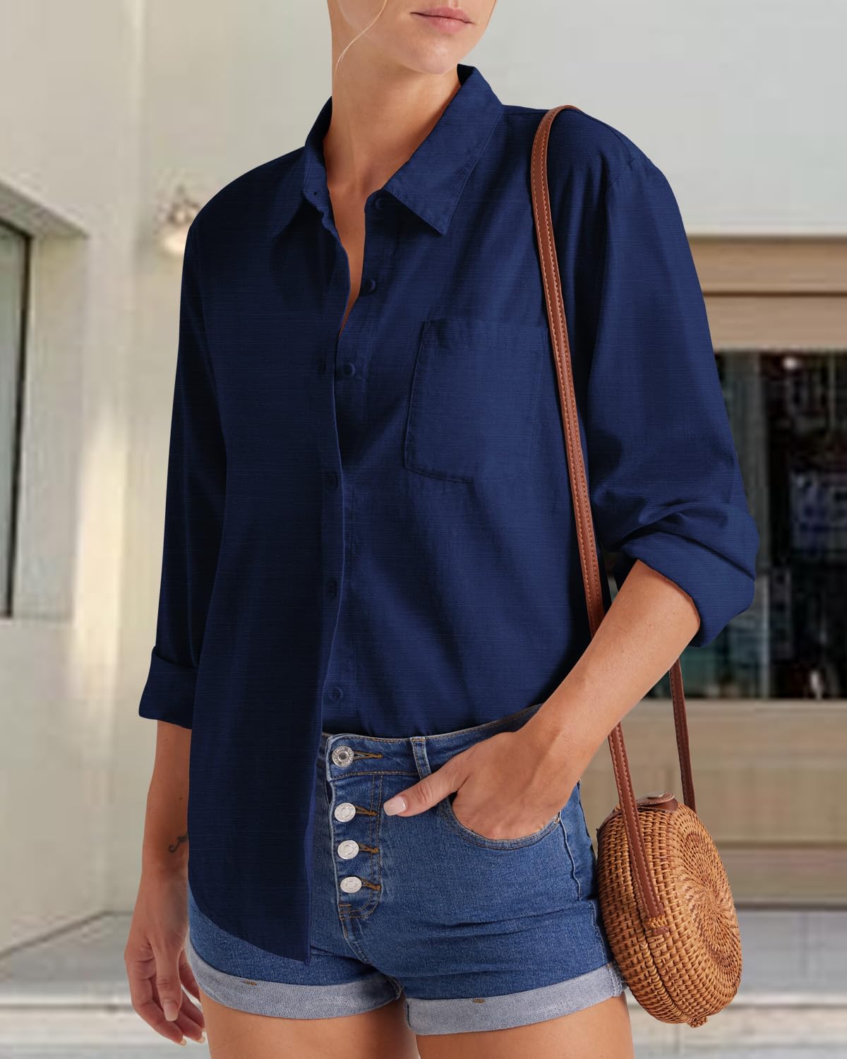 Thumbnail 2 de Friptspyg Donna: Camicia da donna in cotone con maniche lunghe, scollo a V e chiusura a bottoni – vestibilità ampia