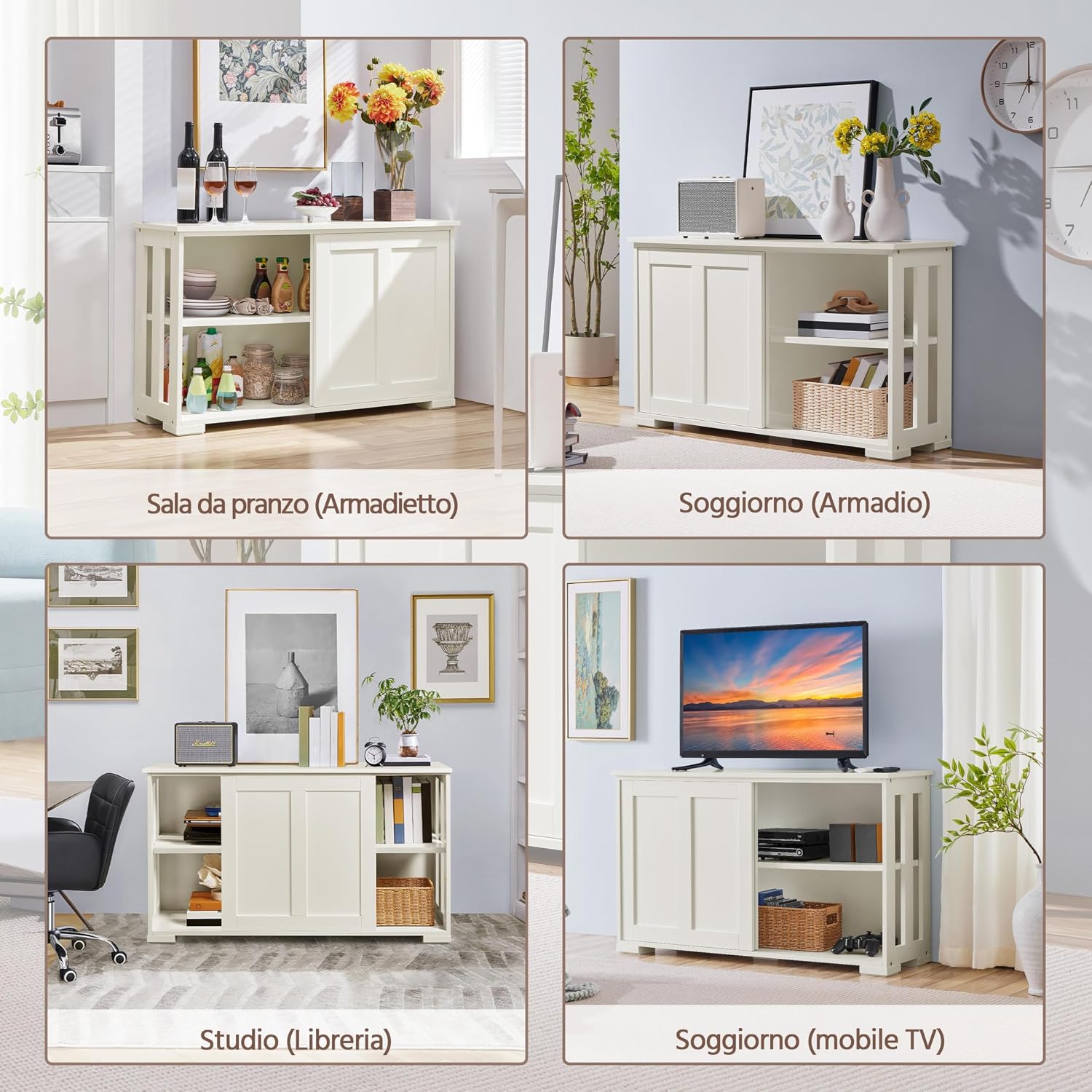 Thumbnail 4 de Yaheetech Credenza da Cucina 106,7x33x63 cm con 2 Ante Scorrevoli • Mobiletto Bianco Avorio