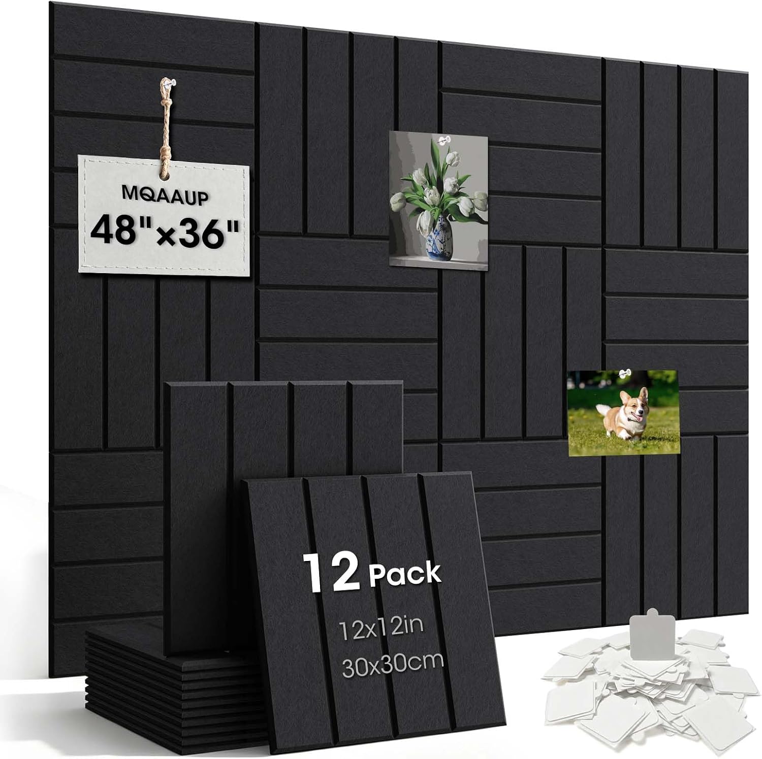 Detalle de MQAAUP 12-Pack Felt Acoustic Wall Tiles, Black, 11.8-Inch Square