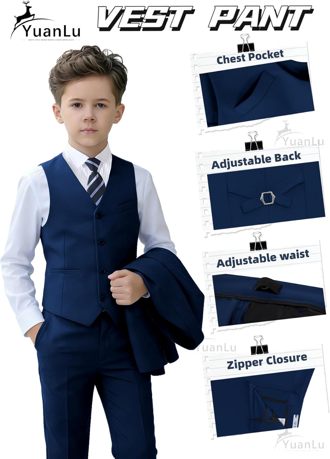 Thumbnail 3 de YuanLu Boys Navy Suit for Kids (5-Piece Tuxedo Ring Bearer Outfit, Slim Fit, Adjustable Waist)