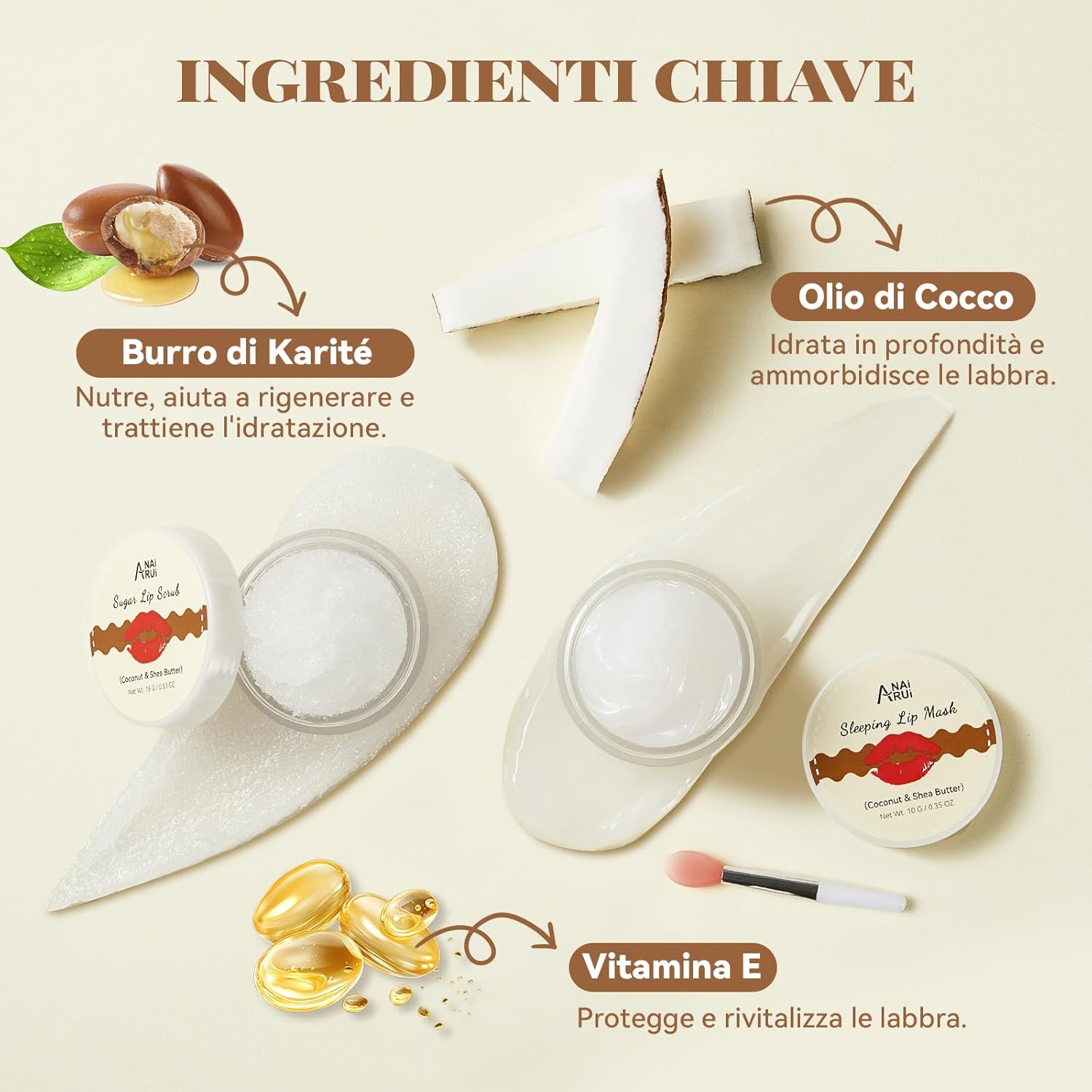 Detalle 2 de ANAiRUi Set Cura Labbra Cocco, Karité e Vitamina E (scrub esfoliante + maschera nutriente notturna)