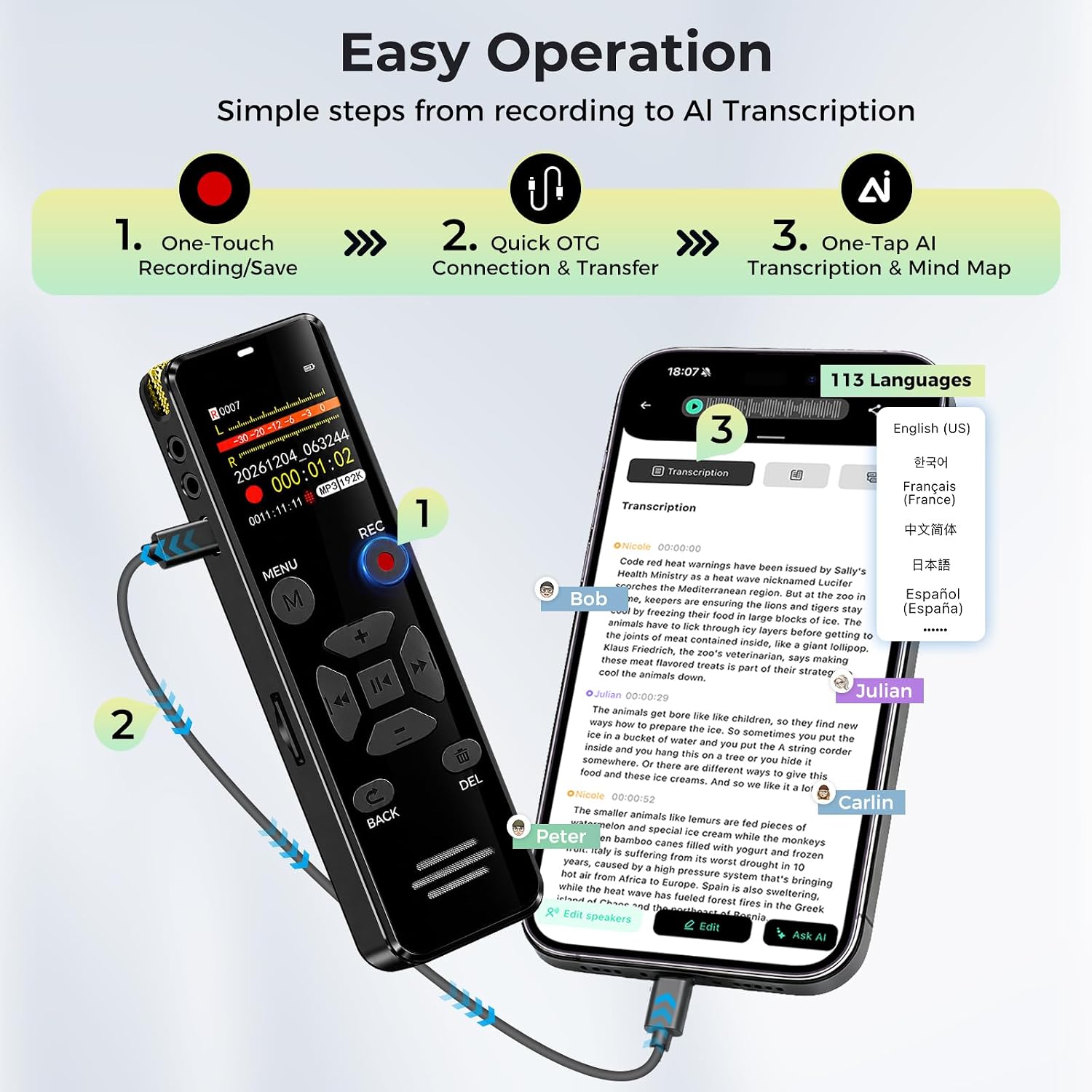 Detalle 1 de EVISTR L359 Digital Voice Recorder, 128GB with AI Transcription and OTG