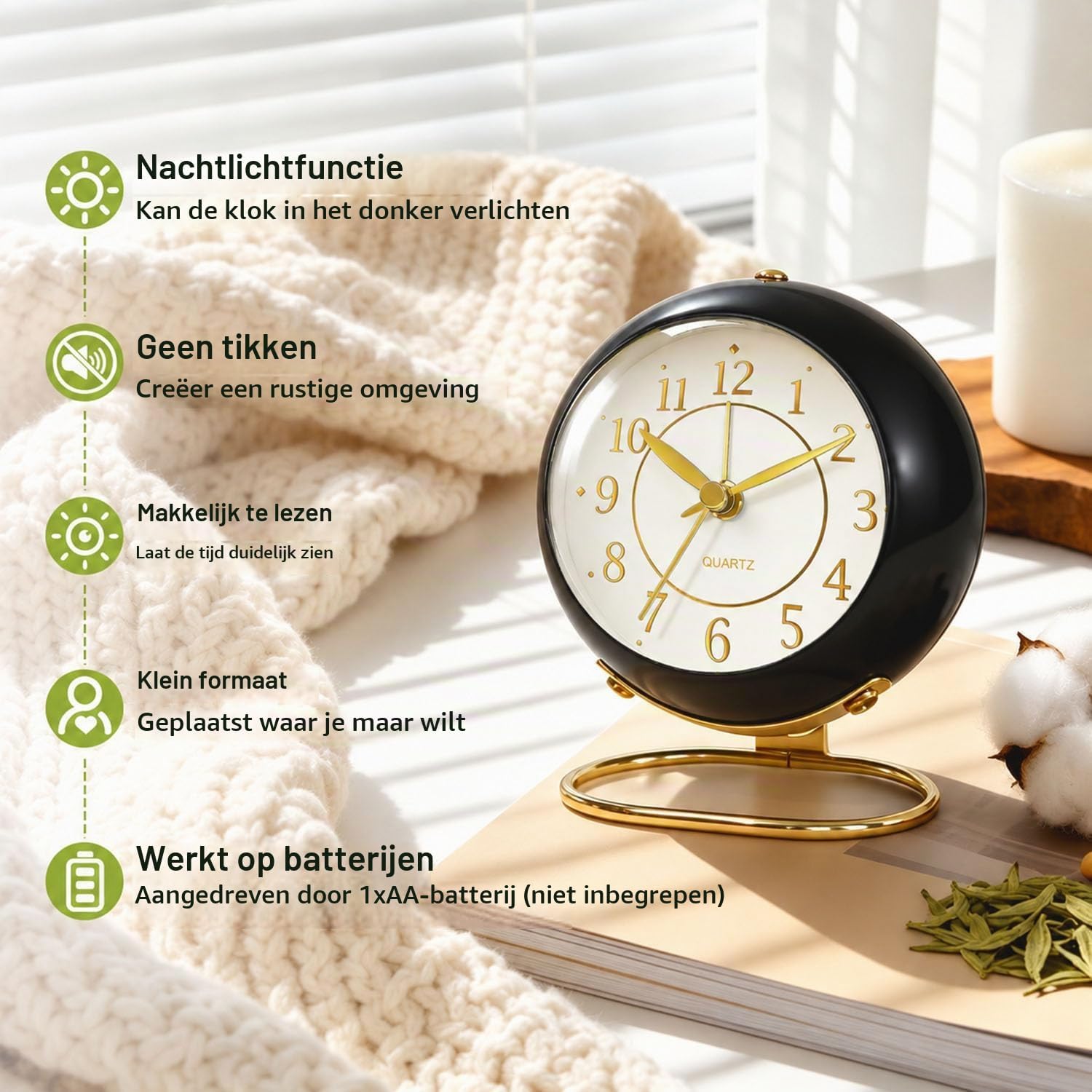 Thumbnail 1 de Azxb Azxb-alarm clock analoge wekker met stil uurwerk en nachtlampje