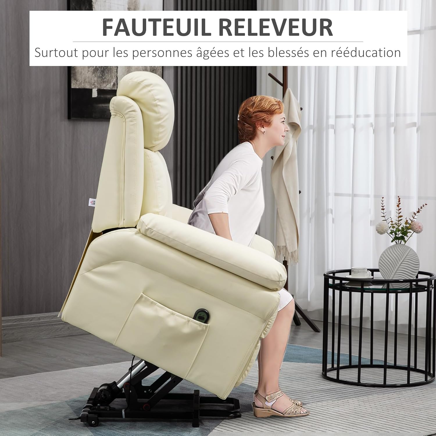 Detalle 2 de HOMCOM Fauteuil releveur électrique avec télécommande et repose-pied ajustable, crème