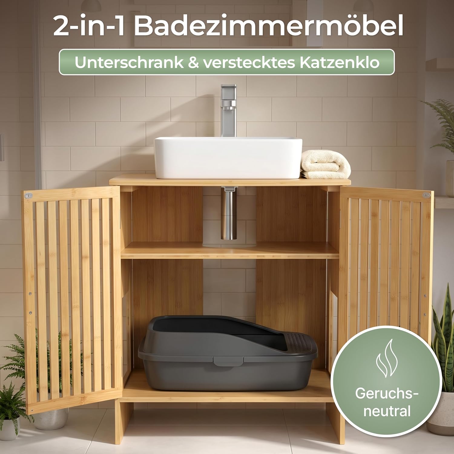 Thumbnail 1 de WOOWOOD Katzenklo Waschbeckenunterschrank aus Bambus – 60×44×60 cm