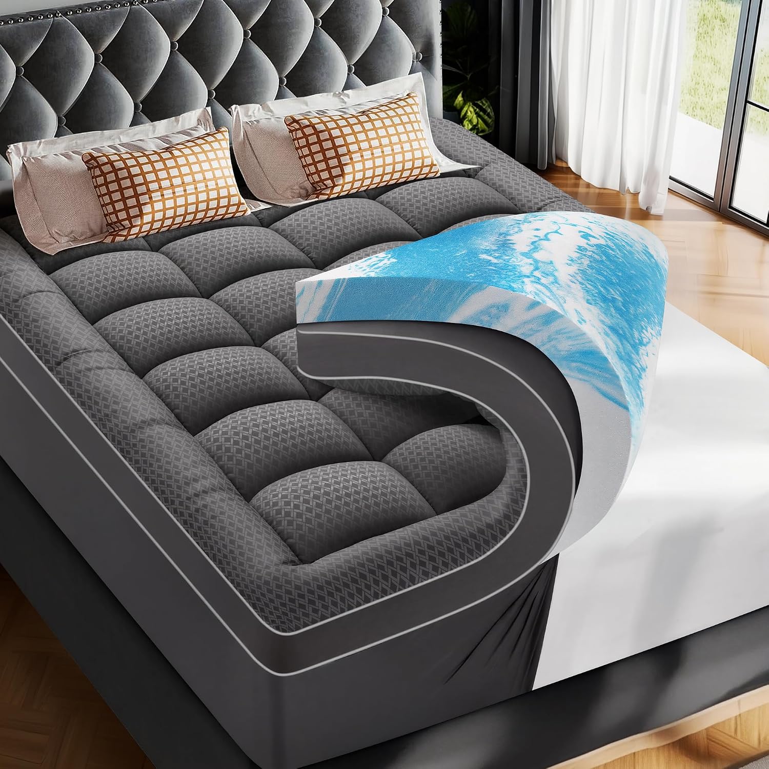 Detalle de PATSBA Dual-Layer Memory Foam Mattress Topper, Queen, Gel Foam & Quilted Pillow Top