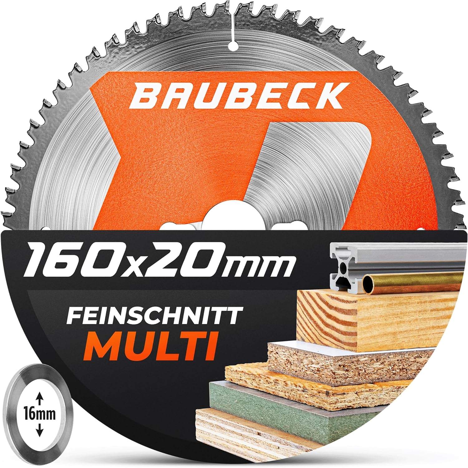 Detalle de BAUBECK Sägeblatt 160x20 +16mm Adapter, 60Z – Feinschnitt für Holz, Aluminium und mehr