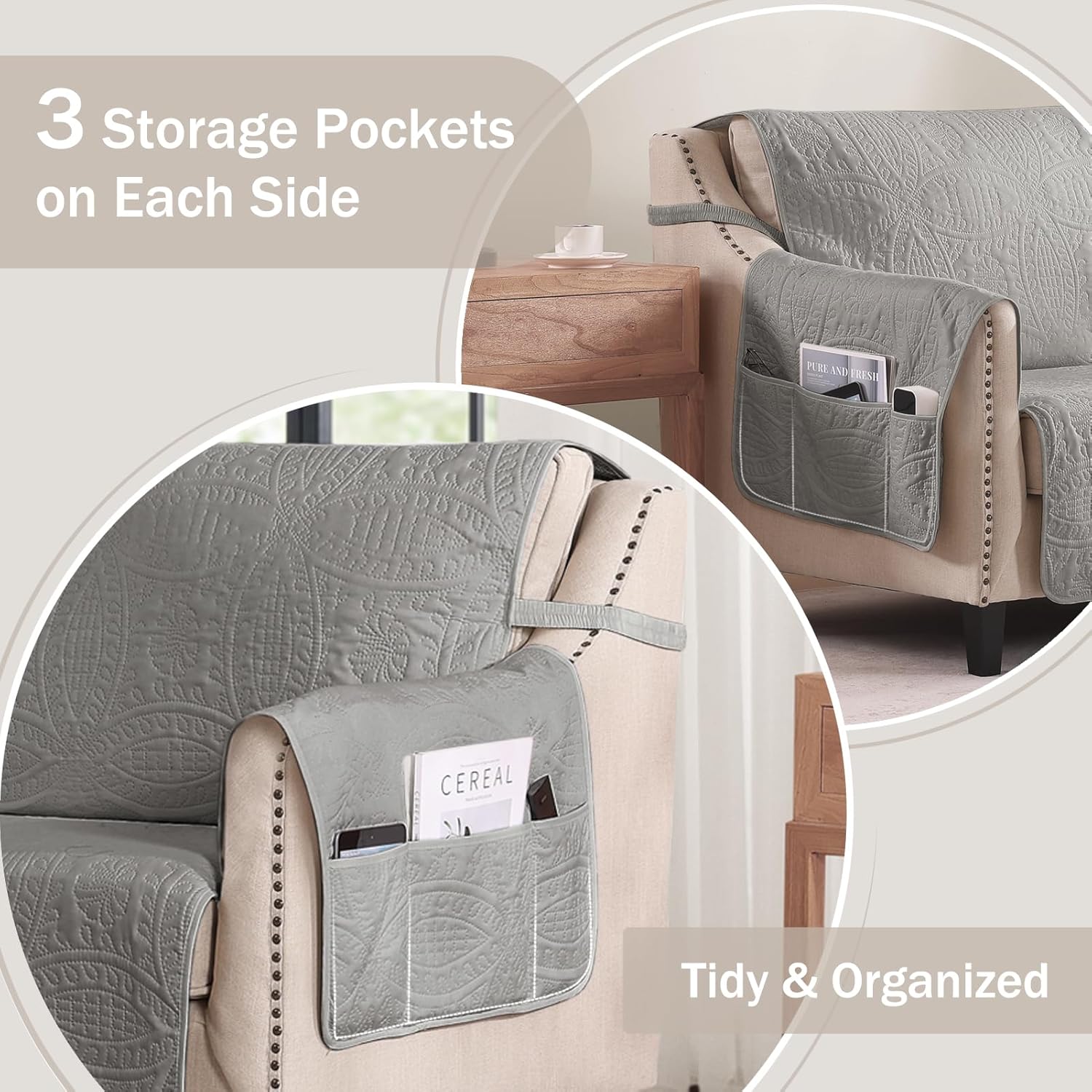 Thumbnail 4 de Pamhaven Quilted Grand Sofa Covers: 88" Water-Repellent Slipcover with Side Pockets