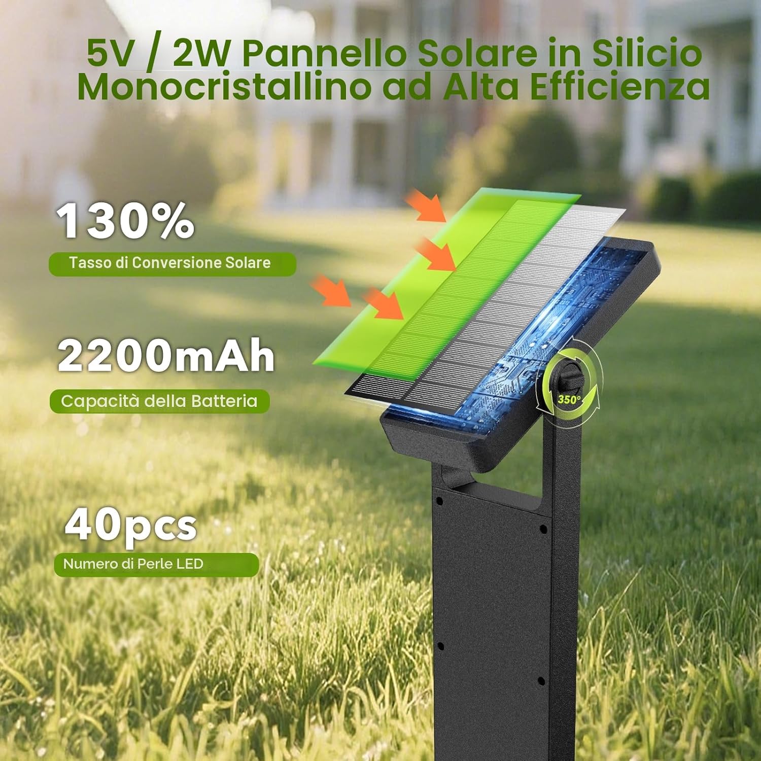 Detalle de OUSFOT Luci Solari da Giardino 6 pezzi con 40 LED, 2 livelli di luminosità e sensore crepuscolare IP65