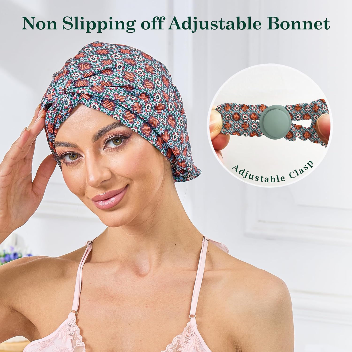 Detalle de KAAHYNNO Adjustable Satin Hair Bonnet, Double-Layer Sleep Cap