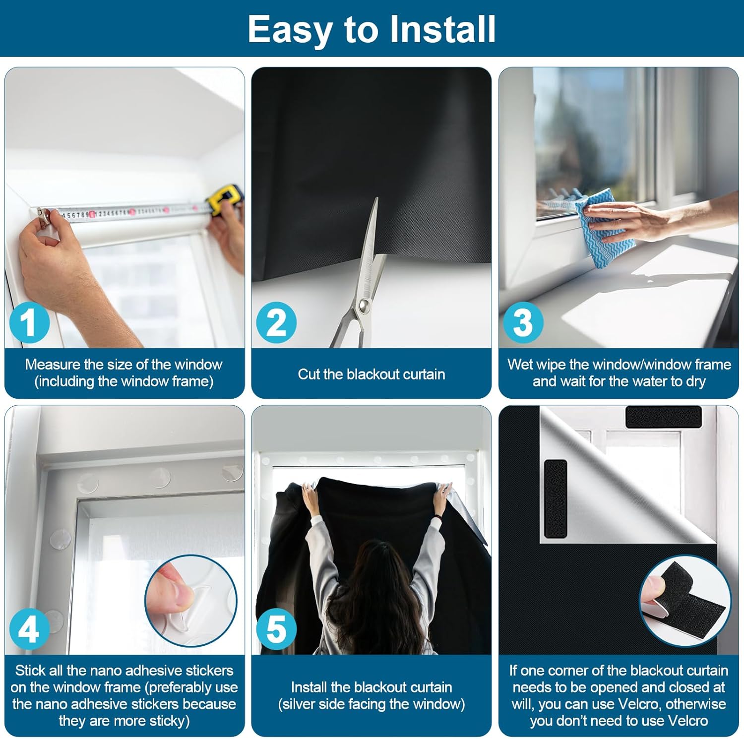 Detalle 2 de Portable DIY 100% Blackout Curtains (No-Drill Window Shades) for Bedroom, Travel & Dorm Rooms, 118" x 57