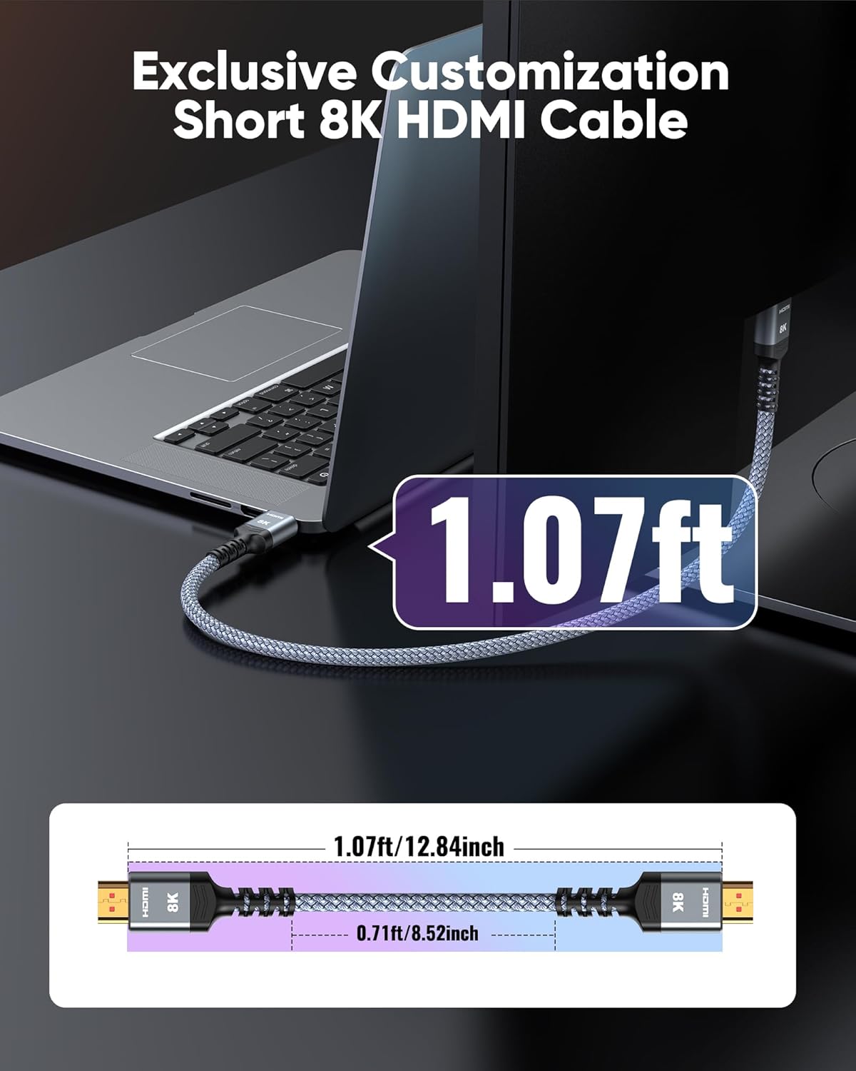 Detalle de Highwings Extra Short 8K HDMI Cable (Ultra High Speed, 4K@120Hz, 8K@60Hz, eARC) — 1.07ft Total Length