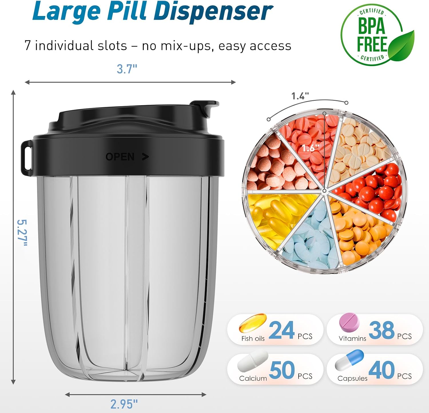 Detalle de MEI NIAN 7-Compartment Pill Organizer, Black, Airtight with Wide Openings