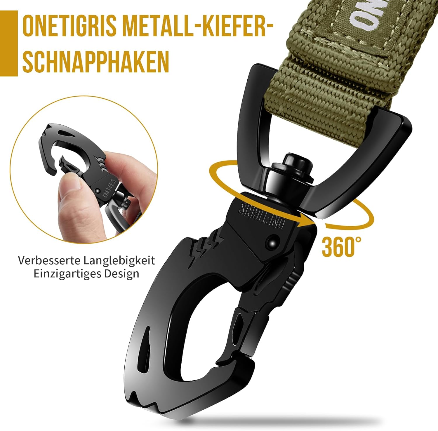 Detalle de OneTigris Bolt: Guinzaglio corto da 30 cm per cani di taglia media, con clip in metallo a forma di tigre e imbottitura, riflettente, verde