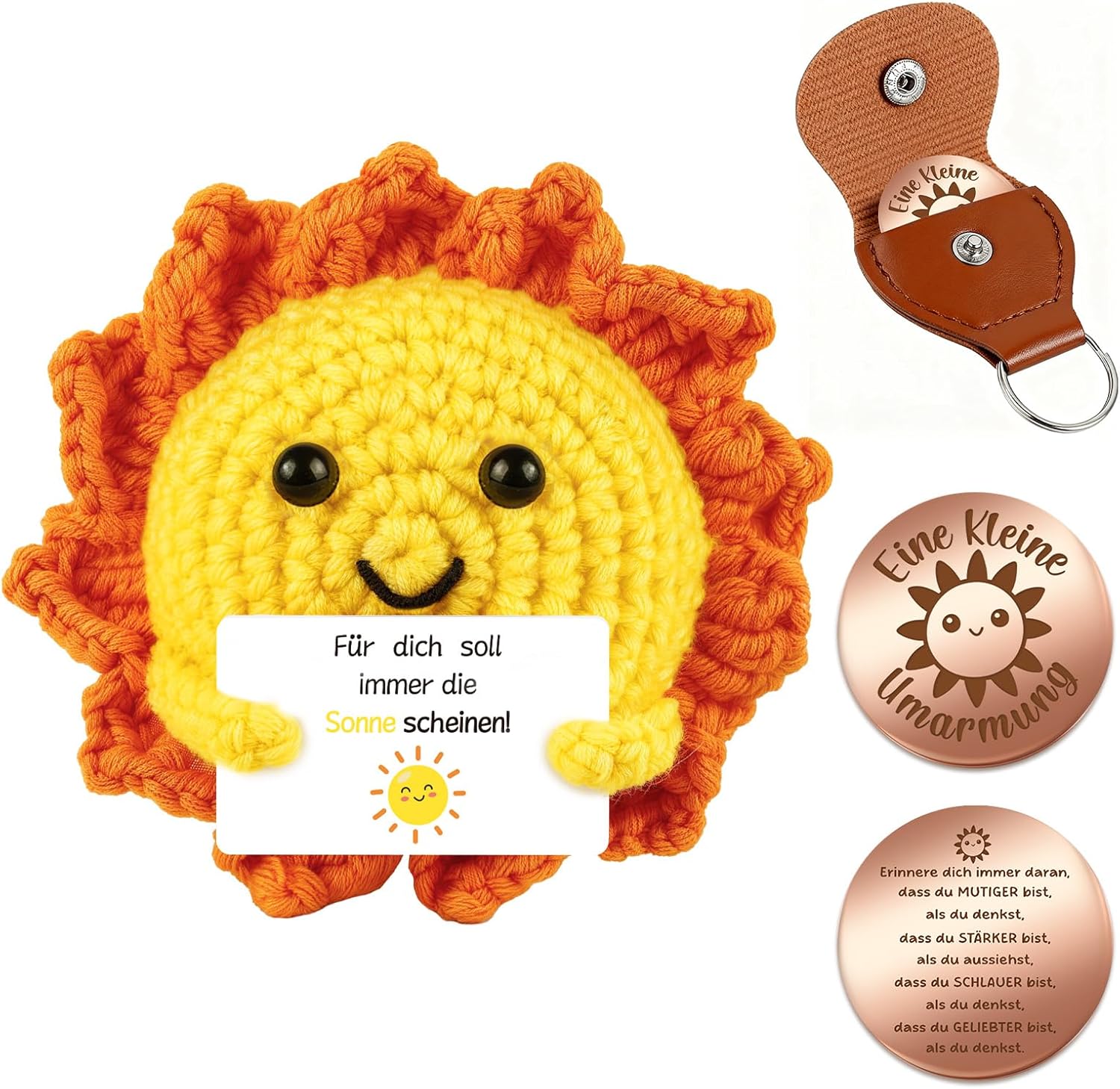Detalle de Giftota Pocket Hug Sonne – handgehäkeltes Glücksbringer-Set mit Münze und Motivationsbotschaft