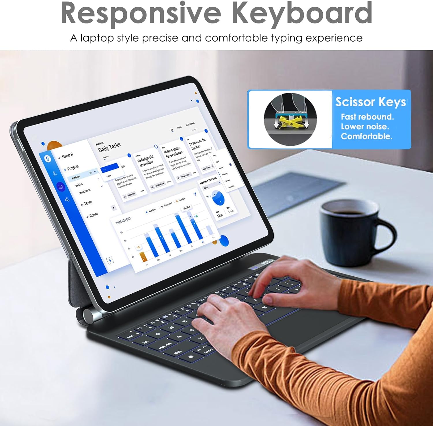Detalle 2 de TECHGEAR Floating Keyboard Case for iPad A16 11" (2025) & iPad 10.9" (10th Gen 2022): Magnetic Cantilever Stand, Multi-Touch Trackpad & 7-Colour Backlight