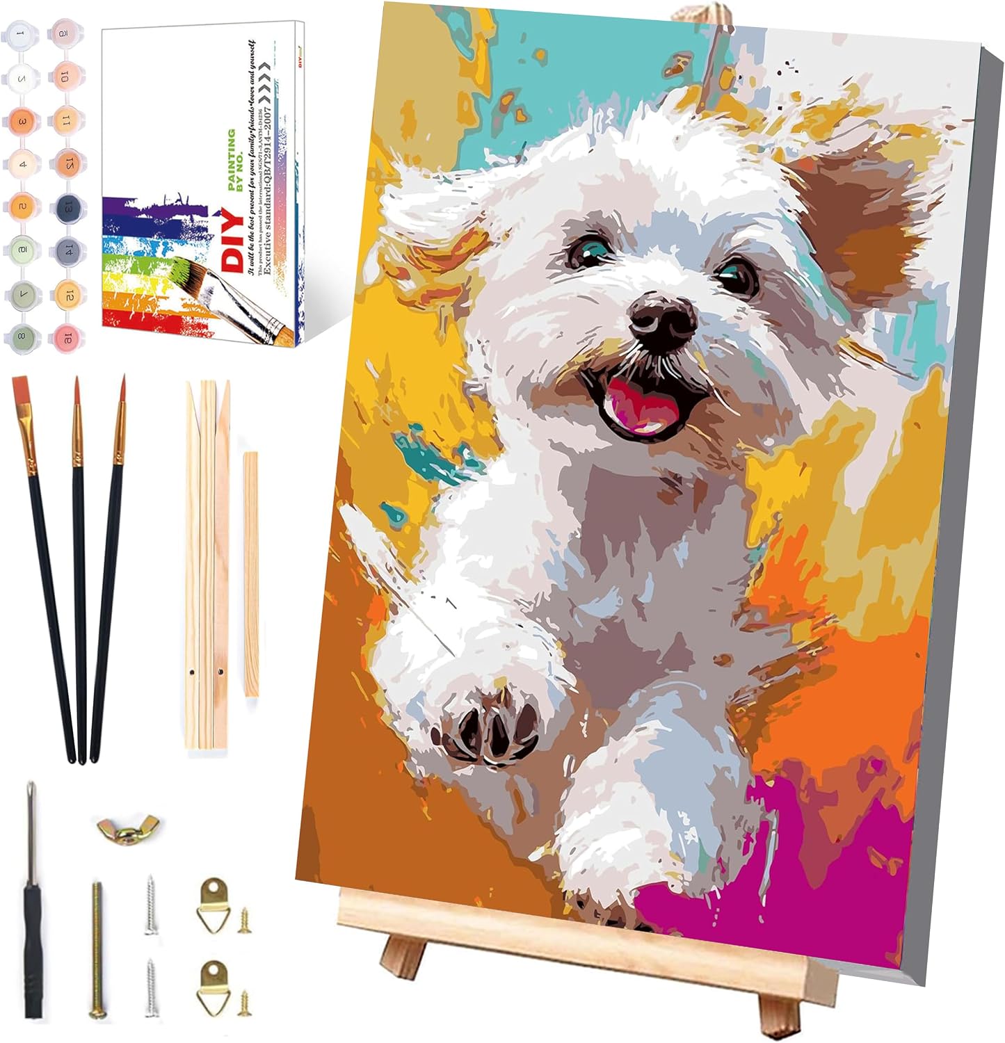 Detalle de Pujeknm Hund Malen nach Zahlen für Mädchen ab 5–7 Jahre mit Rahmen – Holzstaffelei, Acrylfarben & Set (30x20 cm, Süßes Hund)