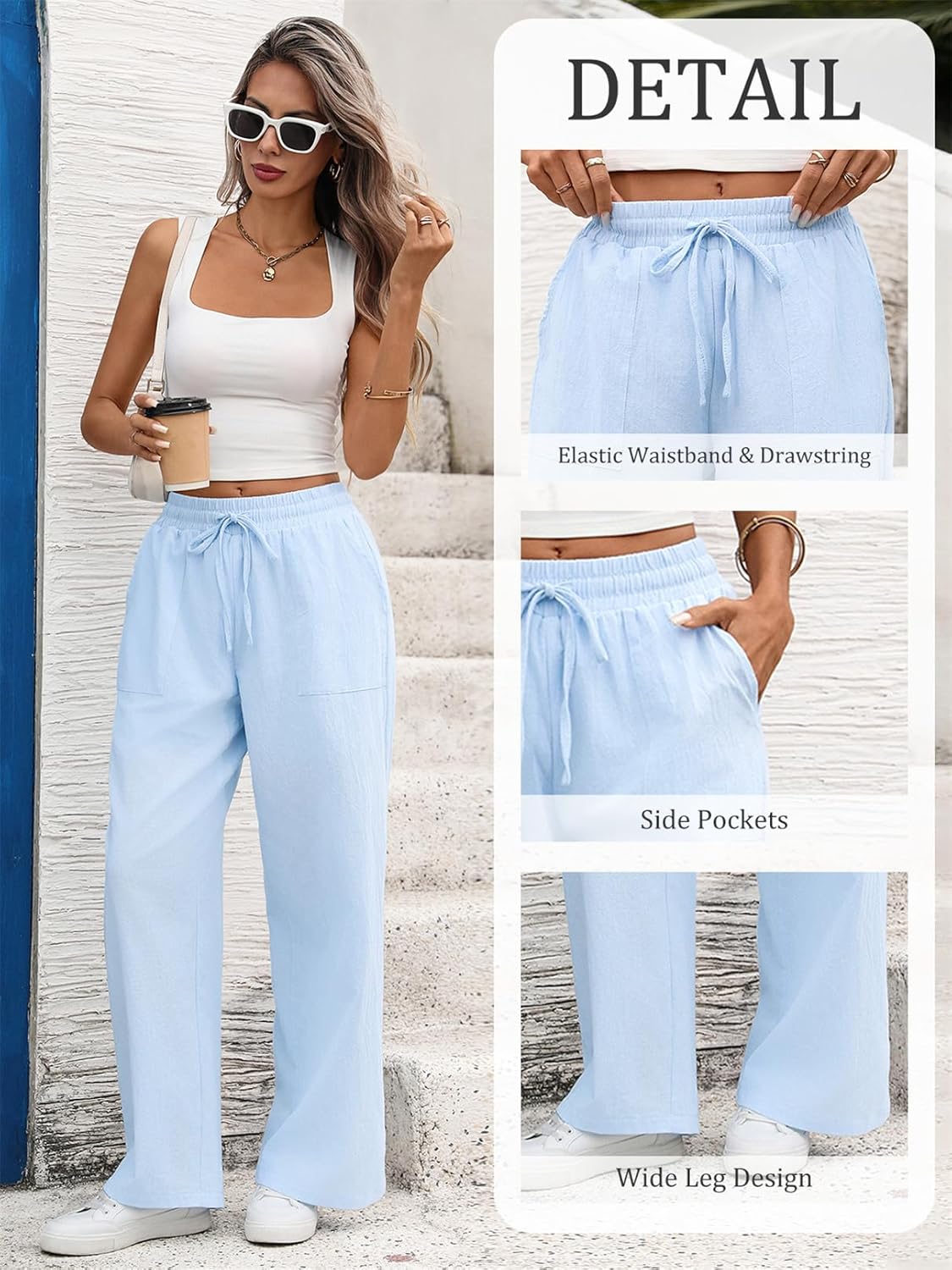 Thumbnail 4 de EDOTON Women's Linen Trousers: Wide-Leg Summer Maternity-Style Wide Leg Joggers with Lining and Pockets