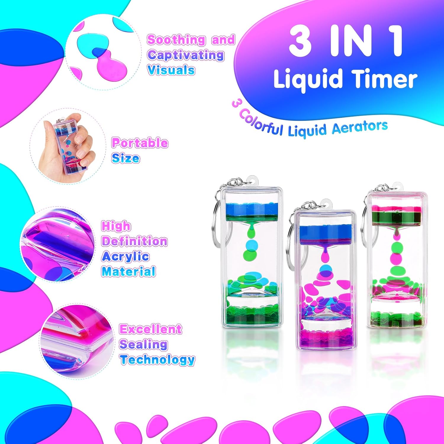 Thumbnail 2 de OSDUE Liquid Timers Sanduhr-Schlüsselanhänger-Set mit 4 Farben (flüssige Bewegungsblasen) – für Stressabbau und Spiel