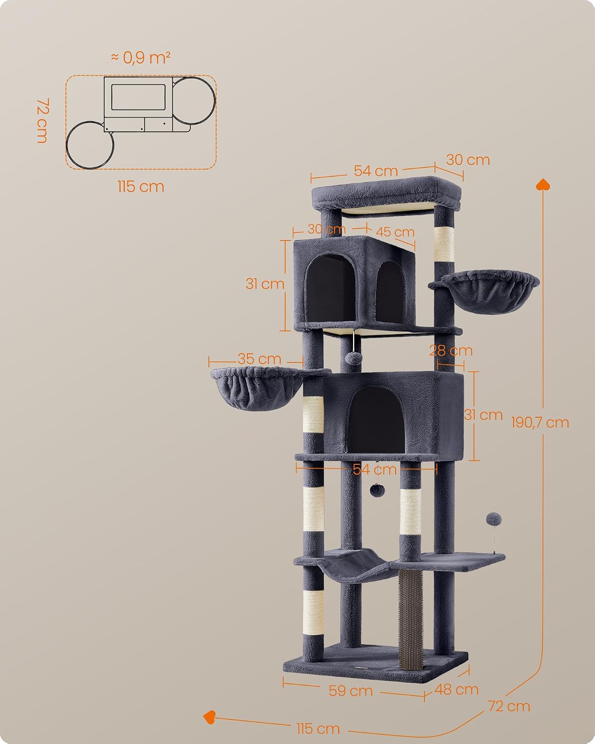 Detalle 1 de FEANDREA CLAWFY PCT183G02 Cat Tree, 190 cm, 2 Caves and Sisal Posts