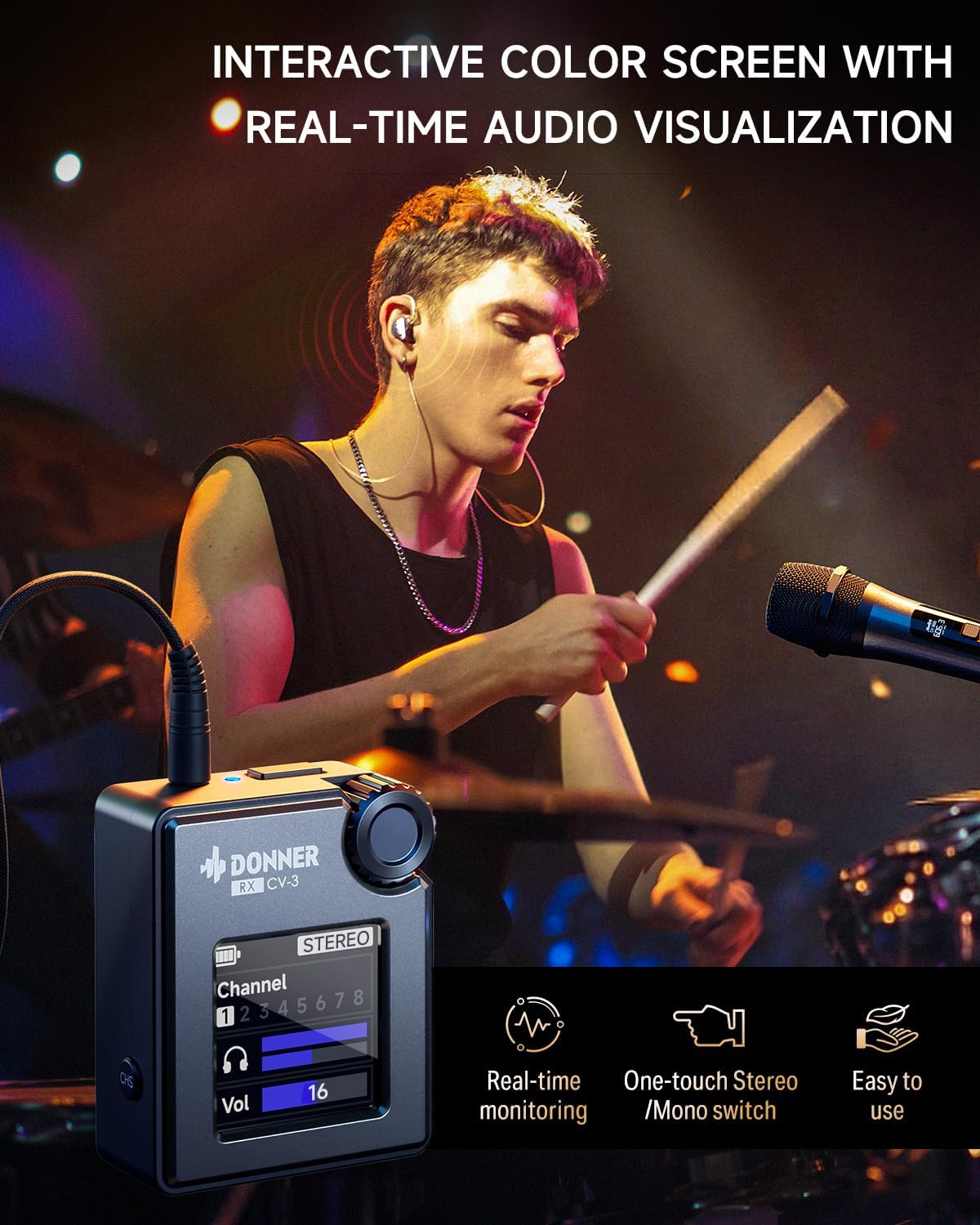 Detalle de Donner CV-3 Wireless In-Ear Monitor System with Color Screen Receiver