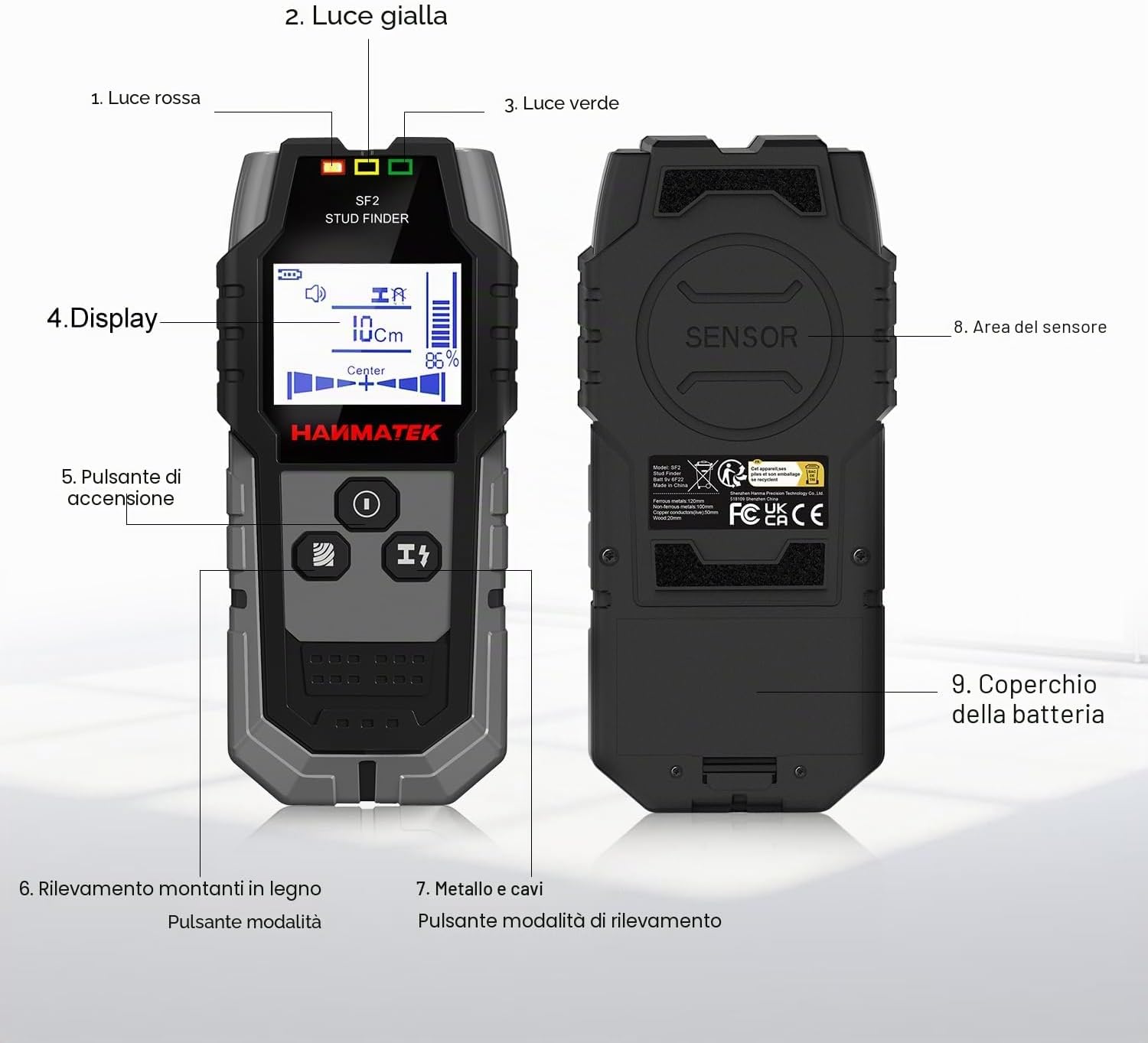 Detalle 2 de Rilevatore 4 in 1 SF2: Scanner da parete con LCD per metallo, legno, cavi e magnetismo