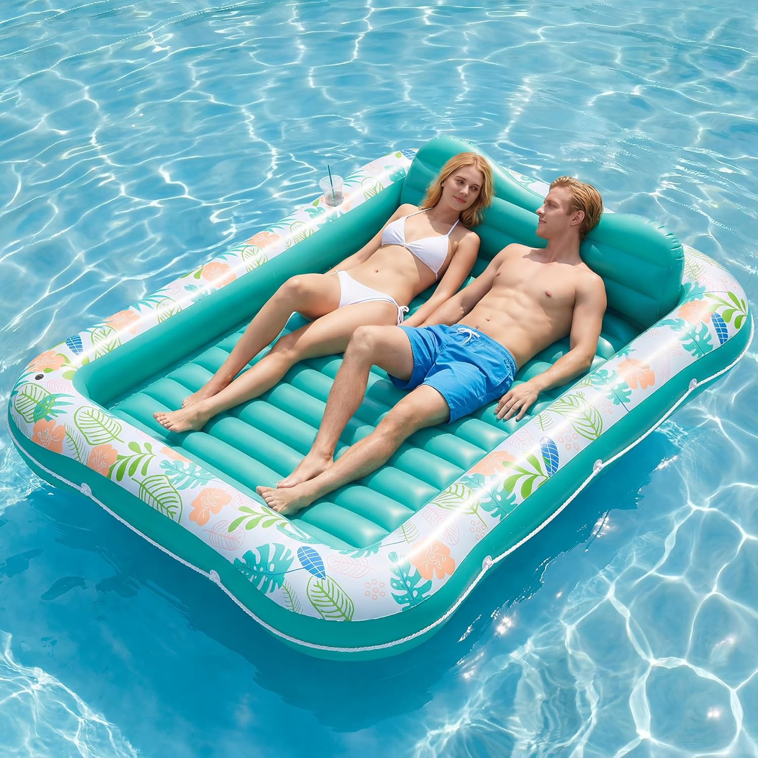 Thumbnail 2 de Inflatable Tanning Pool Lounger Float by Stonful — 87" x 63" with Pillow, Cup Holder, and Water-Filled Comfort