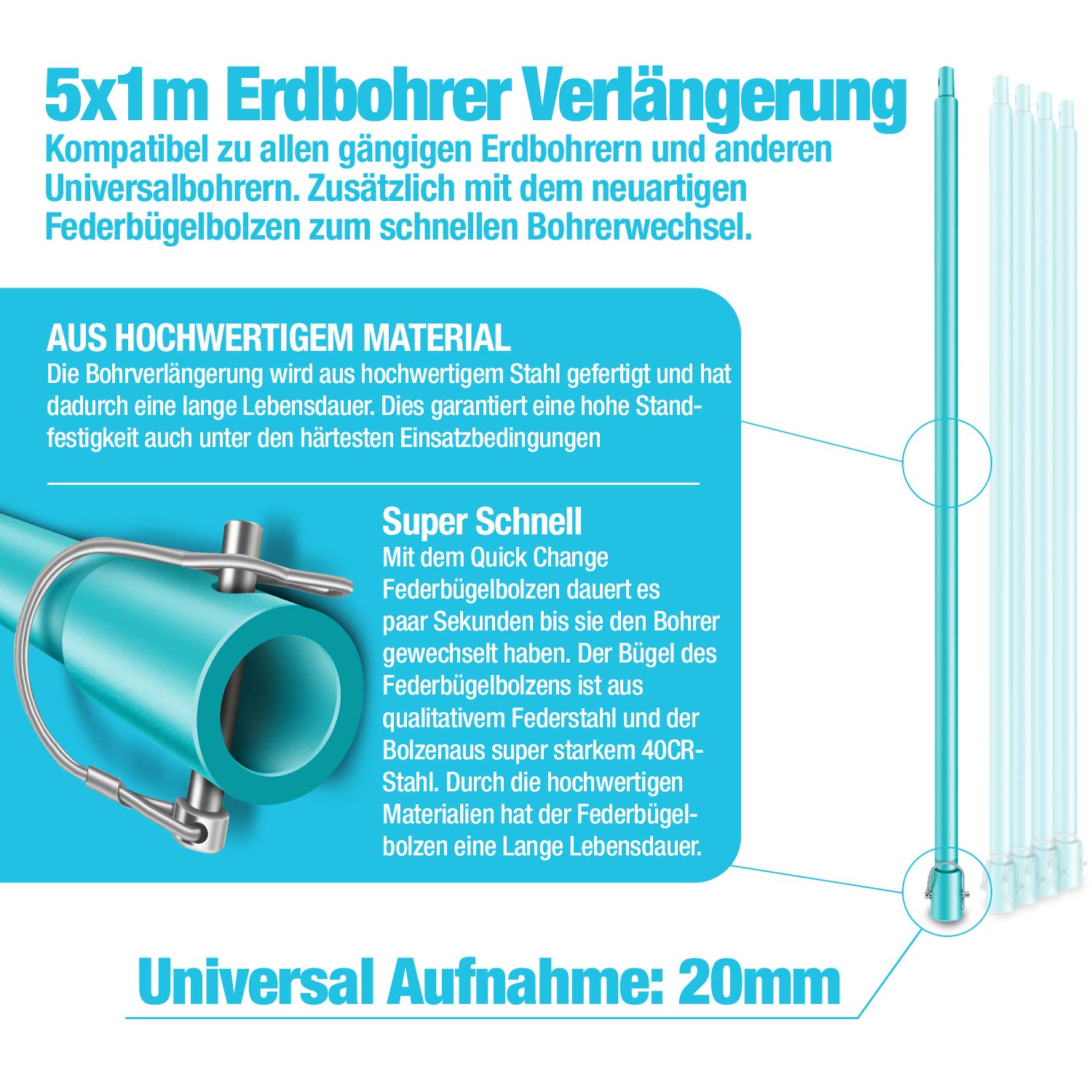 Thumbnail 5 de BRUNNENTAL 5m Verlängerung + 5x Quick Change – Tiefenbohren mit Schnellwechsel für Erdbohrer