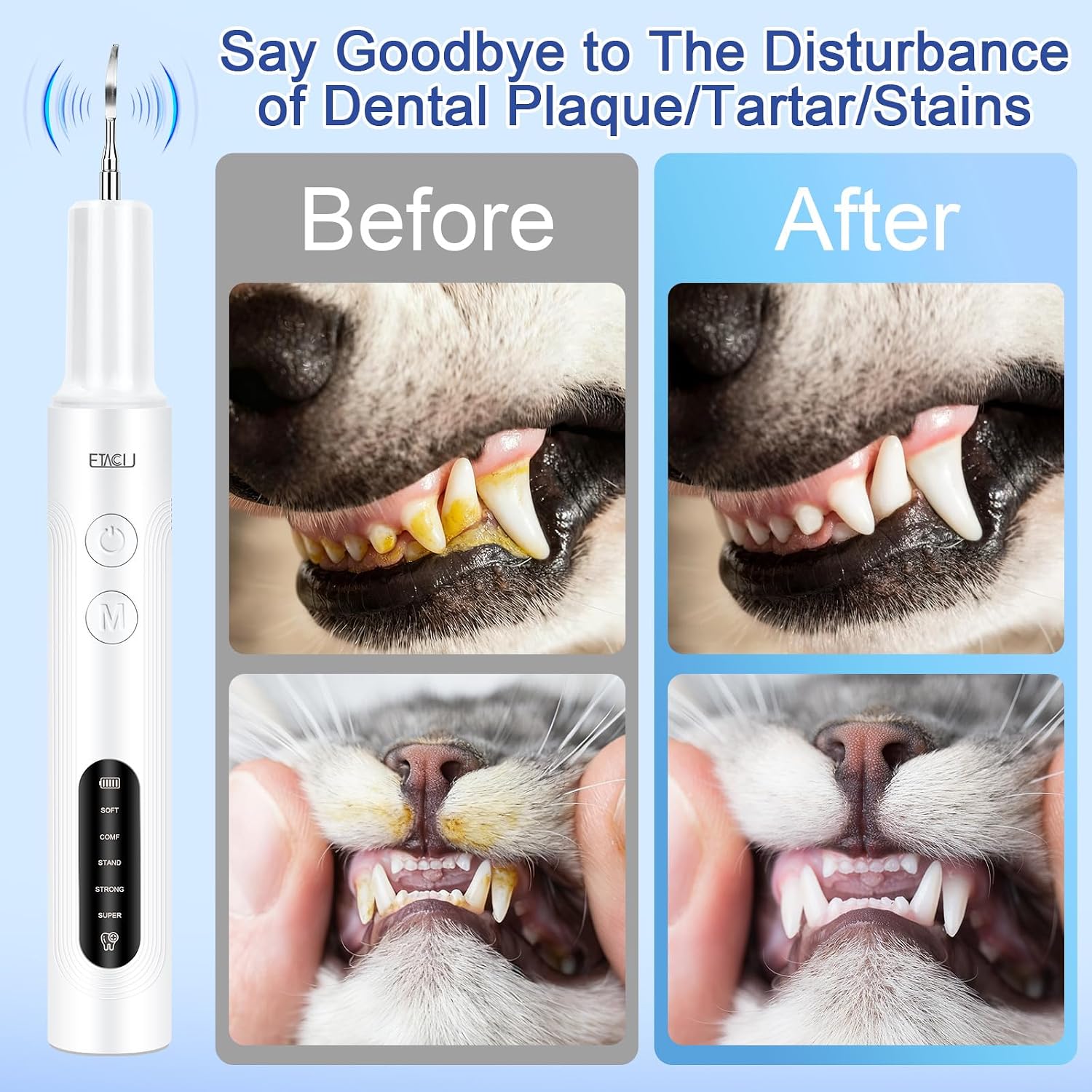 Detalle de ETACCU Dog Plaque Remover for Teeth – Low Noise Sonic Clean with LED Light