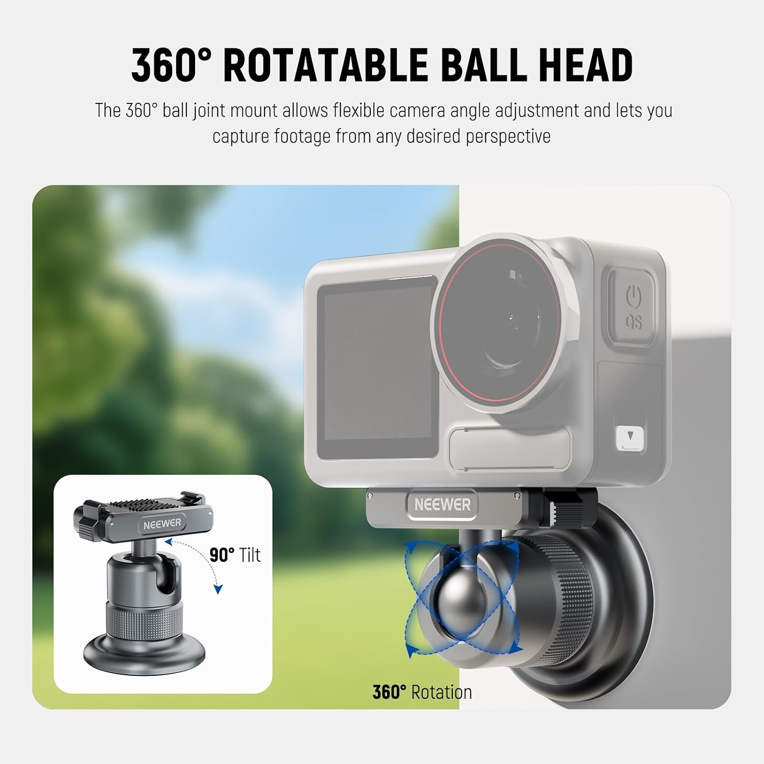 Detalle de NEEWER Support magnétique pour caméra AC013 (gris foncé) avec rotule 360° et filetage 1/4" – compatible DJI Osmo 360 / Action 5 Pro-4-3