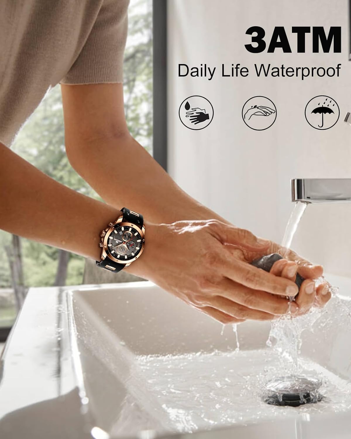 Detalle de MEGALITH Mens Watches Chronograph: Waterproof, Luminous, Rubber Strap Quartz Watch