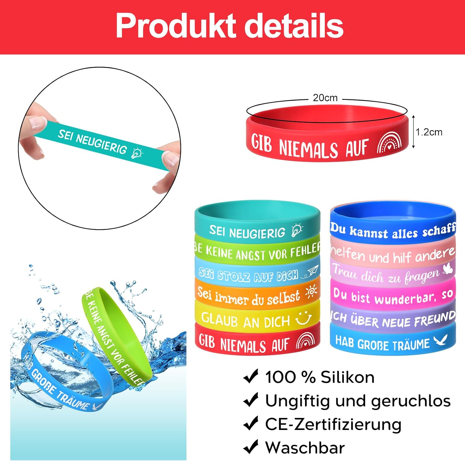 Detalle de LVZONGXIN Motivationsarmbänder für Kinder (24 Stück) – 20 cm Silikonarmbänder mit Sprüchen auf Deutsch