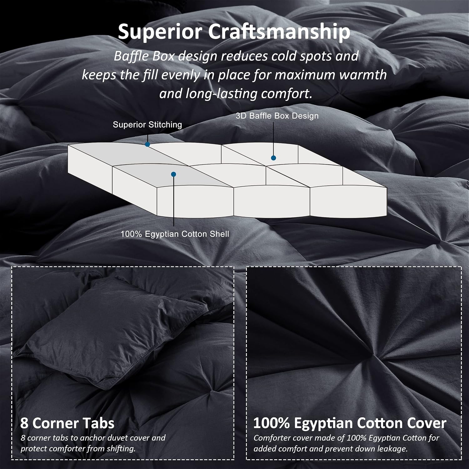 Thumbnail 5 de Luxurious Goose Down Feather Fiber Comforter Duvet Insert with Black Pinch Pleat, Oversize Palatial King 120 x 98