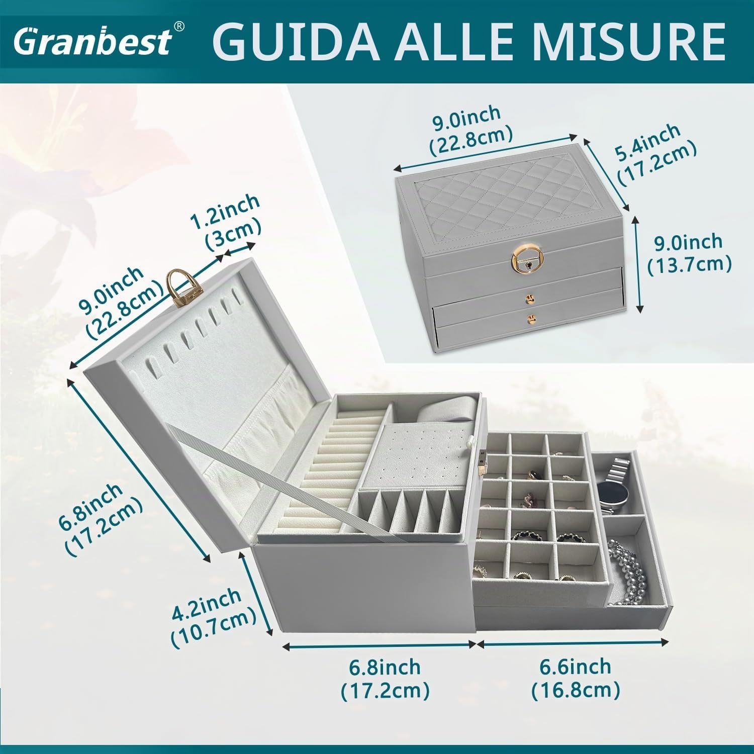 Detalle de Granbest Portagioie a 3 strati con 2 cassetti – Porta gioielli in pelle grigio
