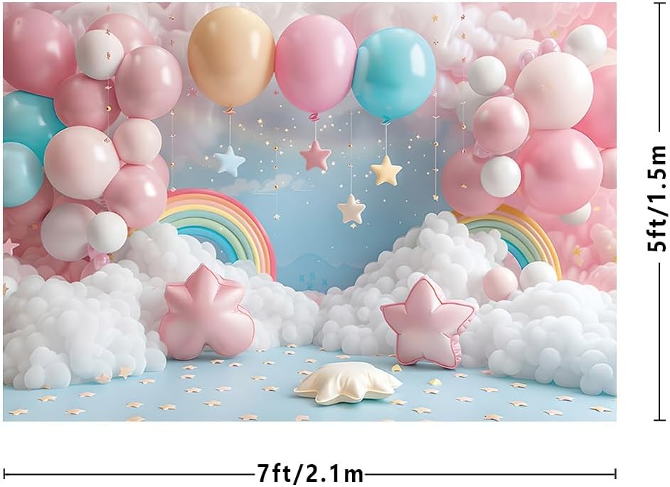 Thumbnail 2 de MEHOFOND 7x5ft Pink Girl Birthday Photography Backdrop (cloud, rainbow, balloons & stars) for cake smash and party photos