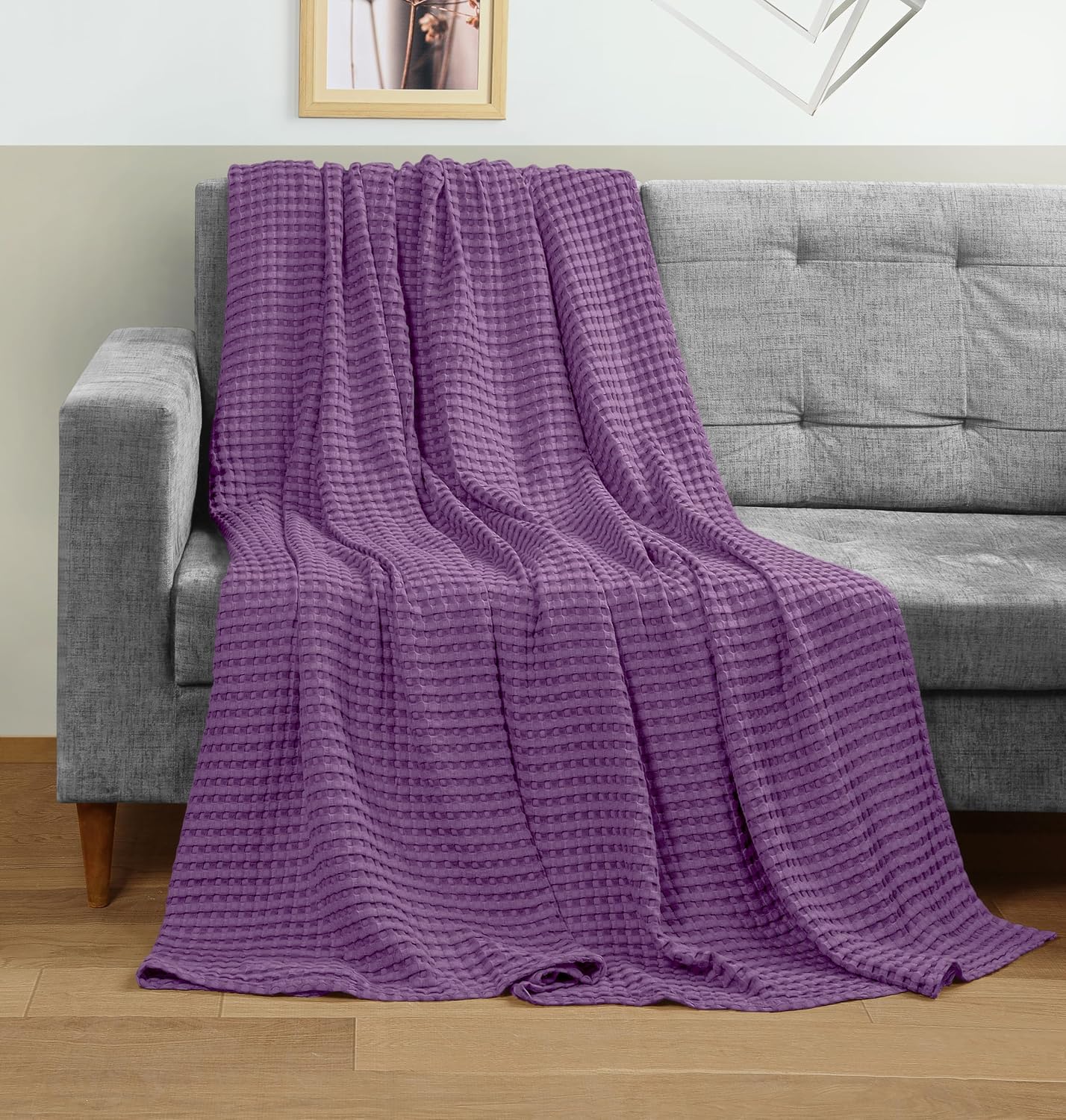 Detalle de Utopia Bedding – bawełniany koc waflowy 300 GSM, śliwkowy, 228 × 228 cm