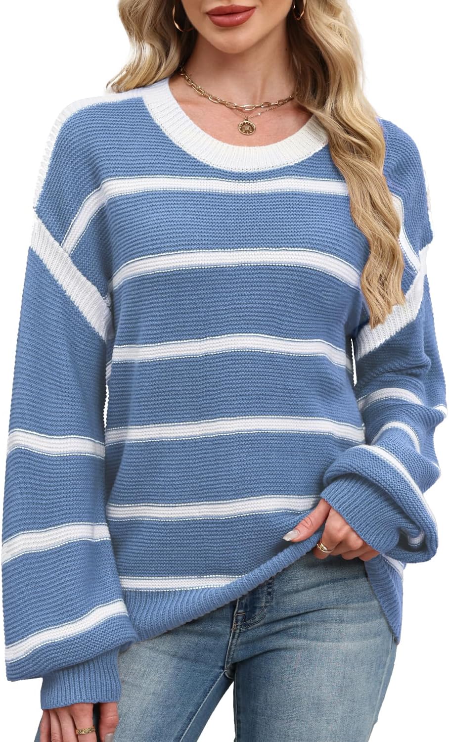 Detalle de Quatrefox Gestreifter Damen-Pullover mit Rundhals und Langarm im Loose-Fit