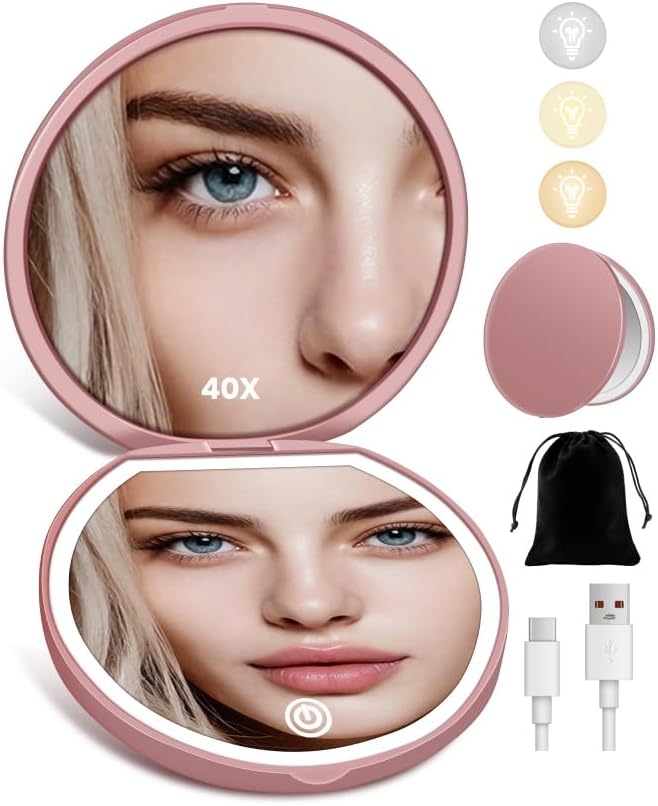 Detalle de SisKokoro 40X Rechargeable Compact Makeup Mirror with Light, Rose