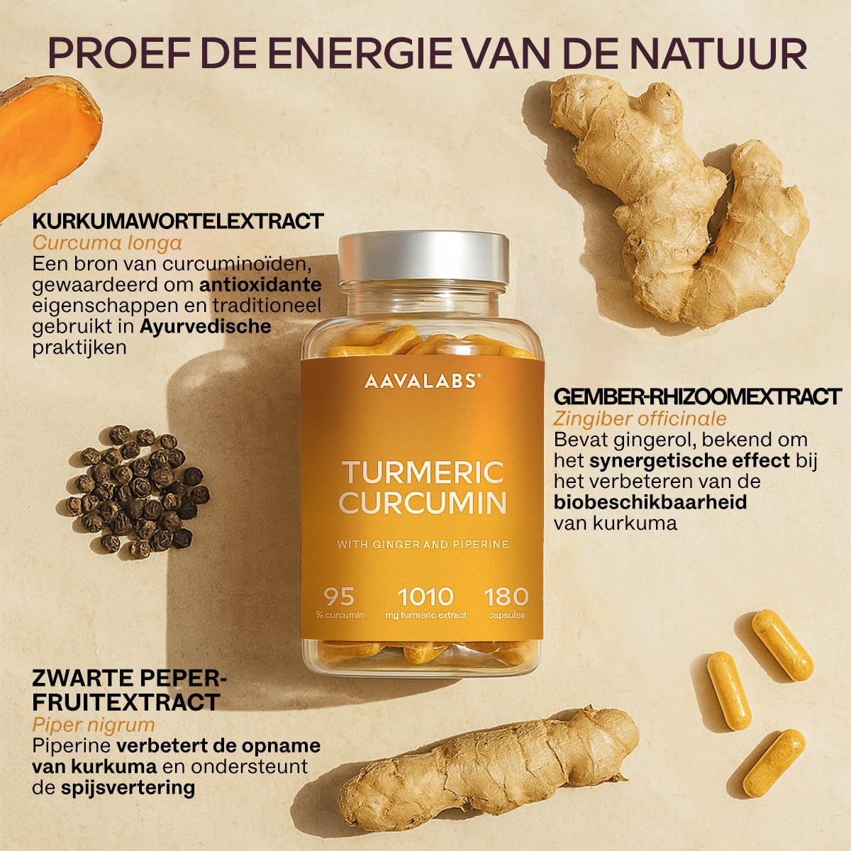Detalle 2 de AAVALABS kurkuma- en zwartepepercapsules met gember, 95% curcumine, vegan