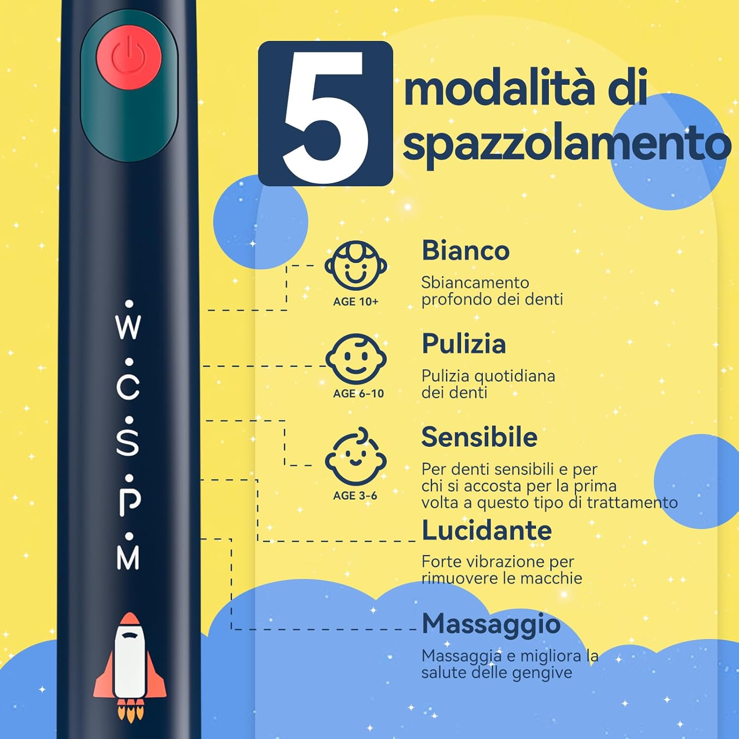 Detalle de Seago Spazzolino Elettrico Bambini 6-12 anni SG-2303 con timer, 8 testine e adesivi fai-da-te (IPX7, blu)