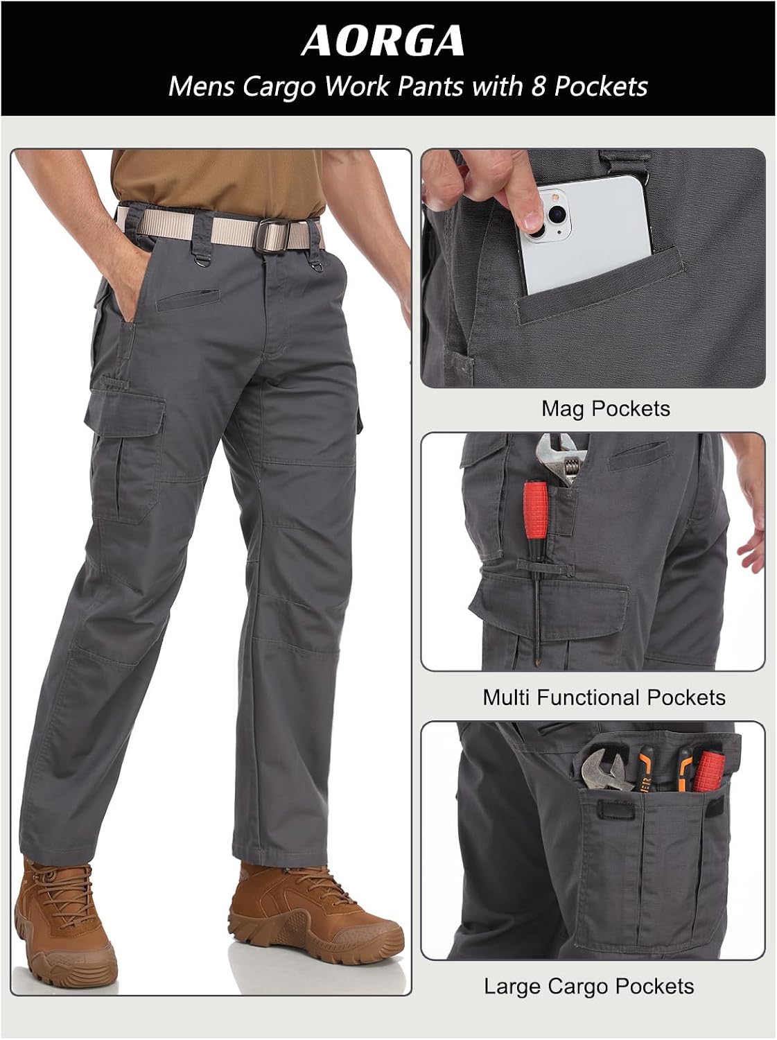 Detalle de Mens Work Pants: Water Resistant Elastic Waist Cargo Tactical Pants with 8 Pockets