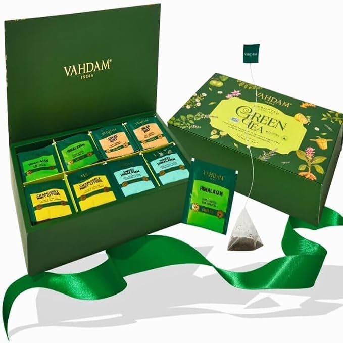 Detalle de VAHDAM Caja de Regalo Té Verde 🌿 80 Bolsas Piramidales