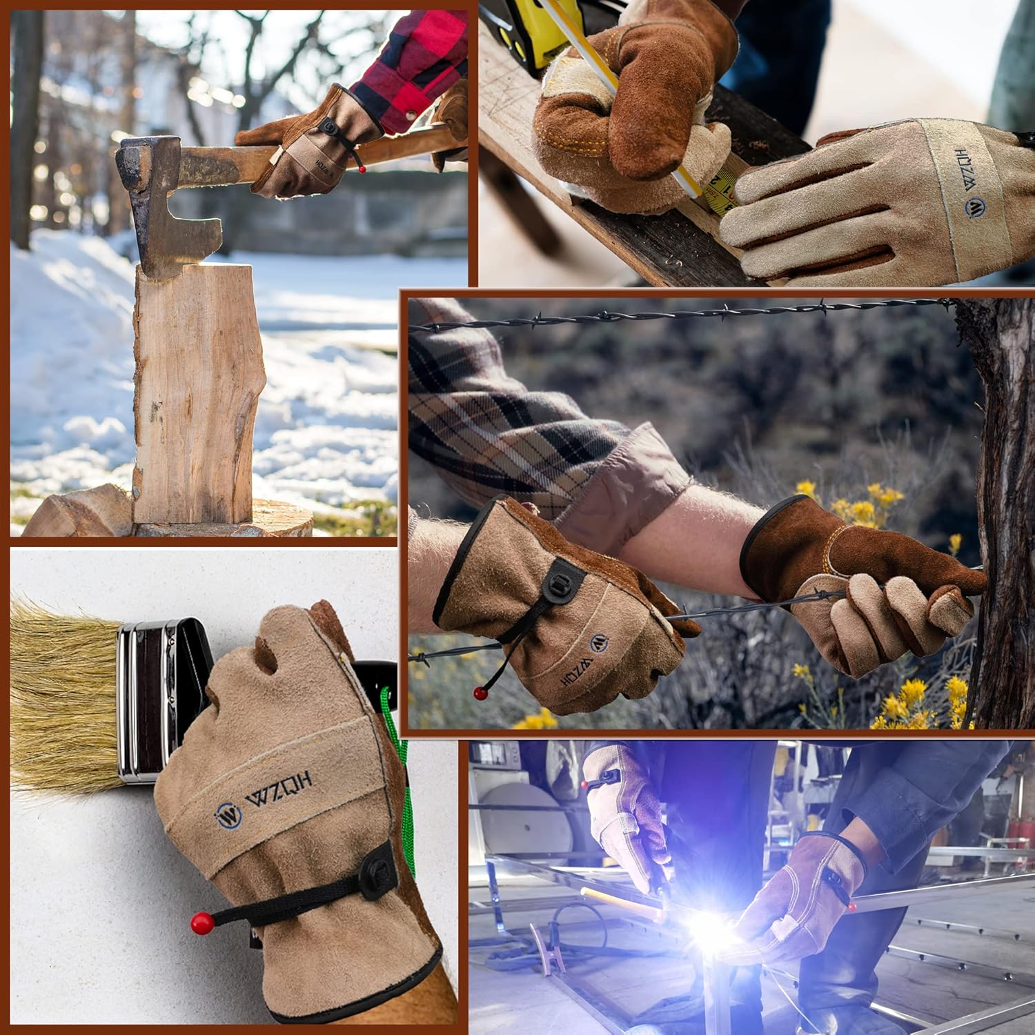 Detalle de WZQH Leather Work Gloves for Men or Women (Large) – Split Cowhide, Cotton Lined, for Gardening, TIG/MIG Welding & Construction