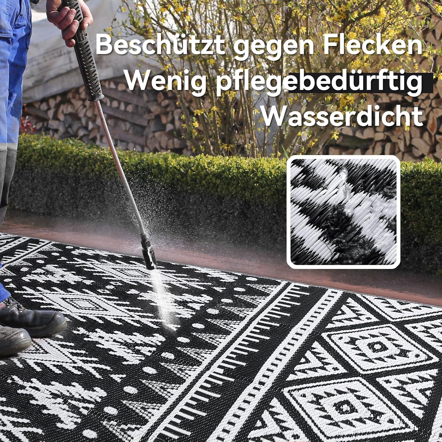 Thumbnail 2 de Homaxy Outdoor Teppich wetterfest, faltbar & waschbar (150 x 240 cm) – schwarz/weiß, beidseitig wendbar