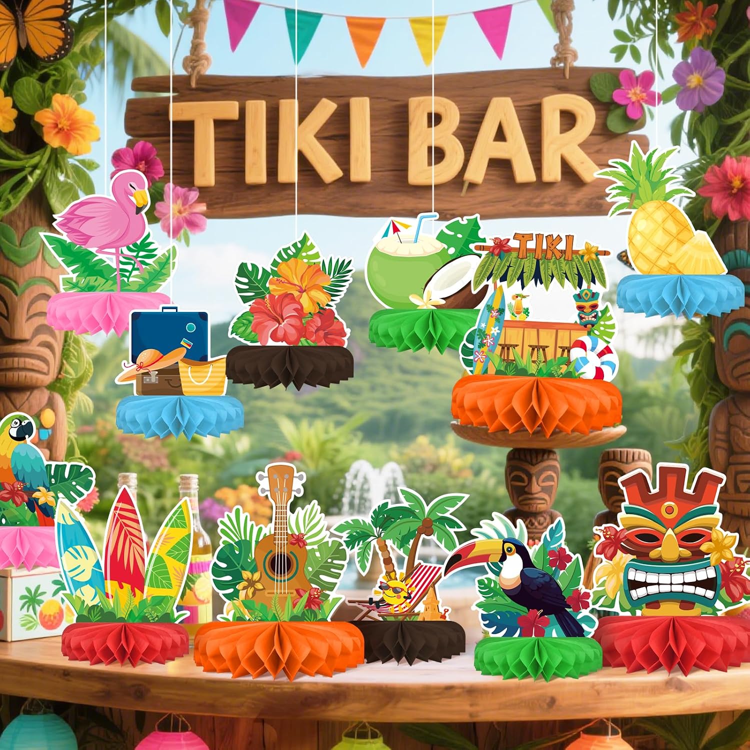 Thumbnail 4 de Hawaiian Luau Party Decorations Set: Aloha Theme Honeycomb Centerpieces for Tiki and Luau Parties
