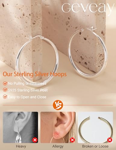 Thumbnail 3 de Geveay Sterling Silver Hoop Earrings for Women – Hypoallergenic Hollow Tube Hoops in 30/40/50/60mm