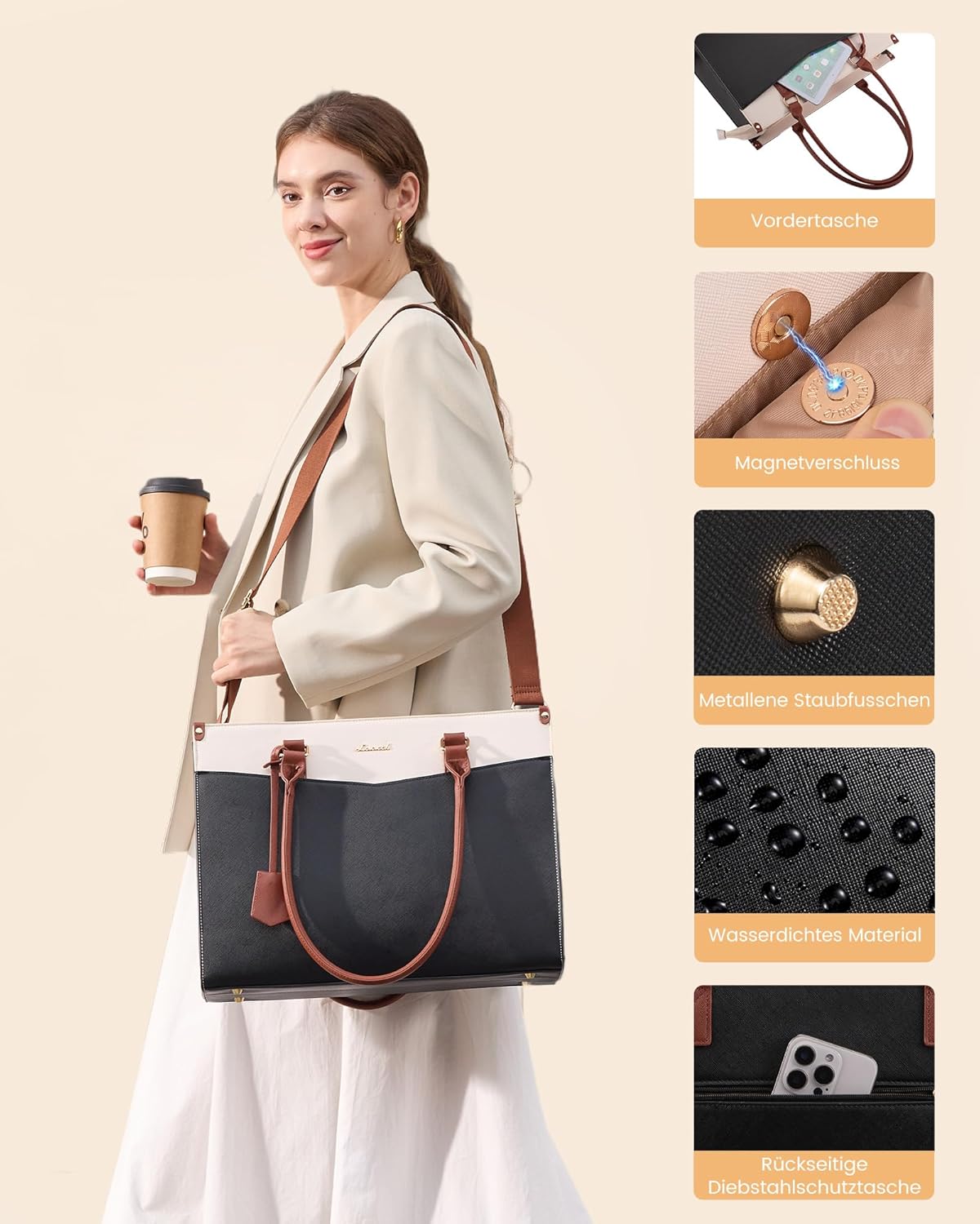 Detalle de LOVEVOOK Laptoptasche Damen 2-in-1: Elegante Business Aktentasche und vielseitige Arbeitstasche