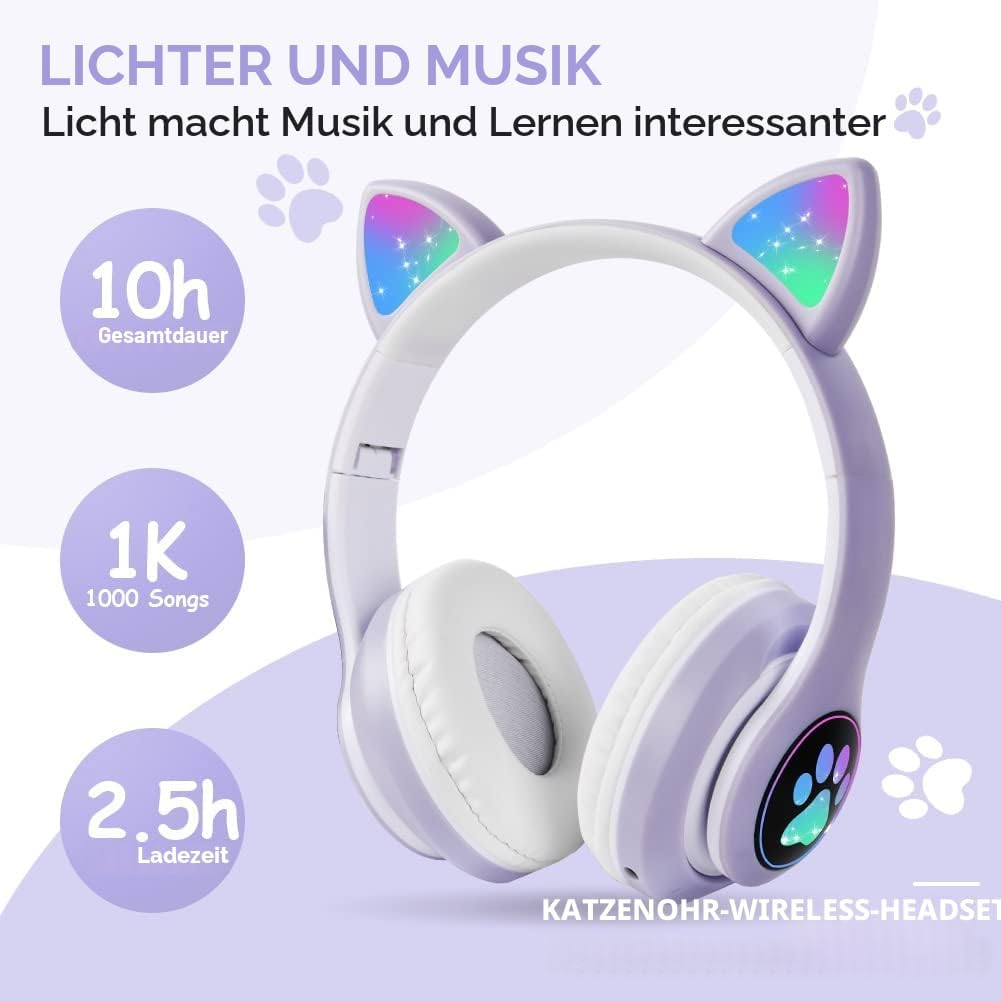 Thumbnail 2 de AXFEE Kinderkopfhörer Bluetooth mit Katzenohren, klappbar, LED & Mikrofon (inkl. MicroSD/TF)